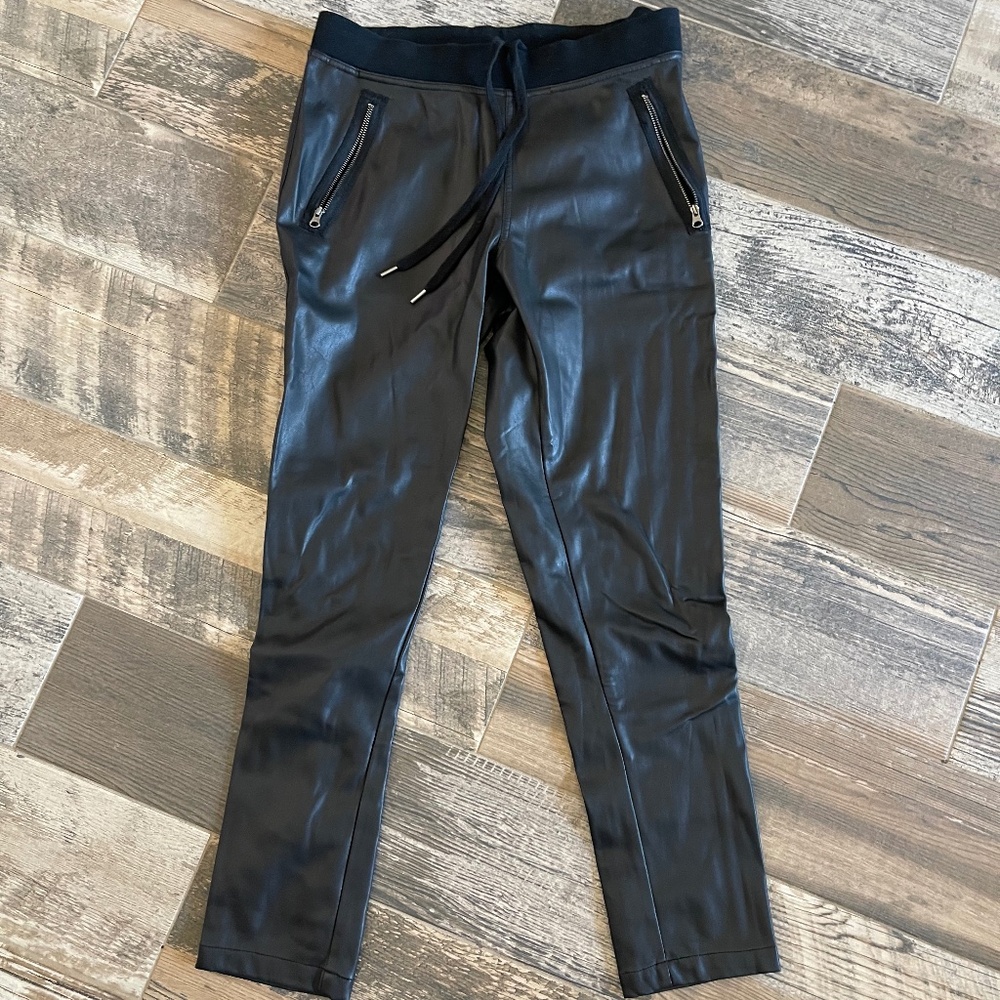 Black drawstring faux leather pants